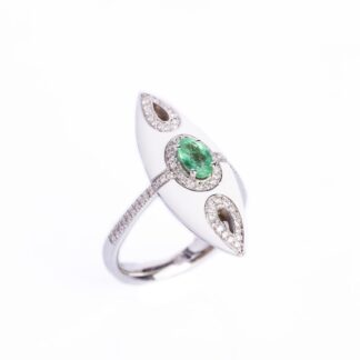 Anello Visconti in Oro Bianco e Smalto con Diamante e Smeraldo - 0116A