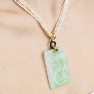 Collana con Perline e Pendente in Giada con Onice e Rubini - Stile Antico - CL35M