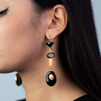 Orecchini Pendenti in Oro Giallo con Onice e Corallo - 71850