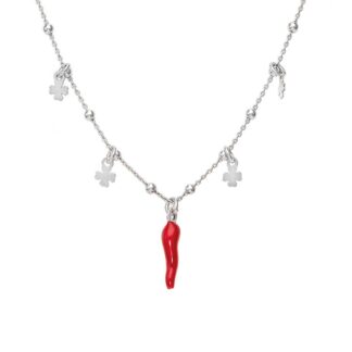 Collana Amen in Argento e Smalto con Quadrifogli e Corno - Cornetti - CLCSQBR