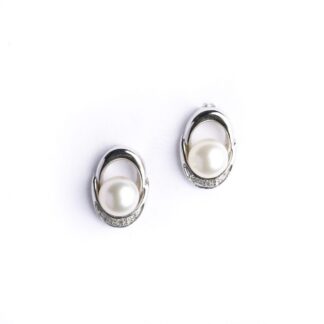 Orecchini a Lobo in Oro Bianco con Diamanti e Perle - OP082