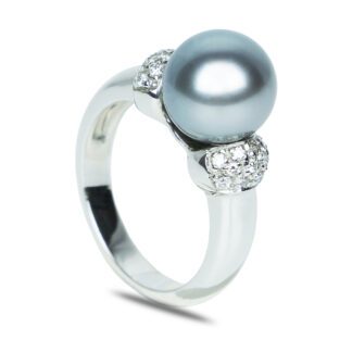 Anello da Donna in Oro Bianco con Diamanti e Perla Nera - ABP110