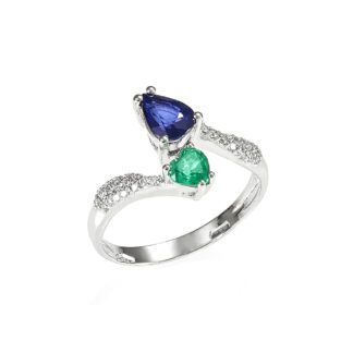 Anello da Donna in Oro Bianco con Diamanti, Zaffiro e Smeraldo - 5754/A