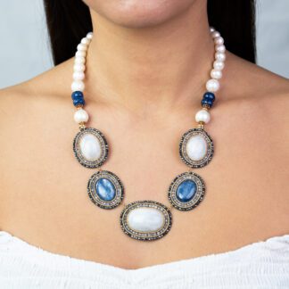 Collana da Donna in Argento con Perle, Cianite e Pietra di Luna - 359CO